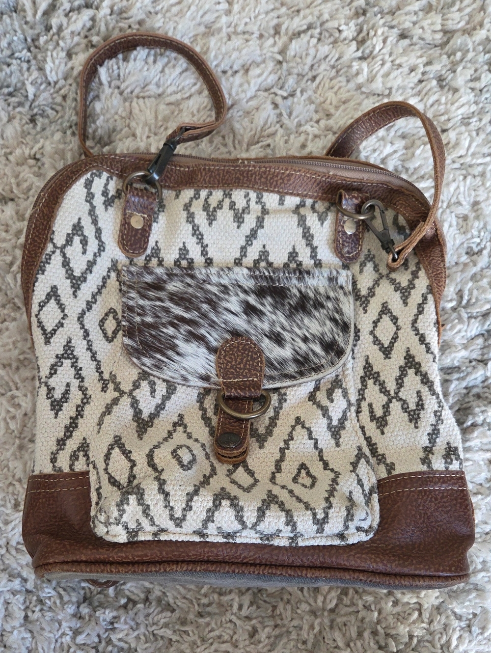 Myra Bag Brown & Cream Patterned Shoulder Bag with Haircalf Flap